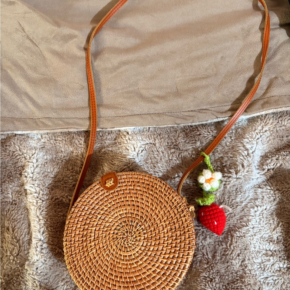 Chic Woven Tan Crossbody Bag with Strawberry Charm